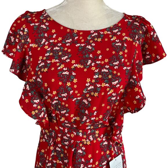 Max Studio Floral Midi Dress Red Small Ruffles Belted New - Picture 10 of 15
